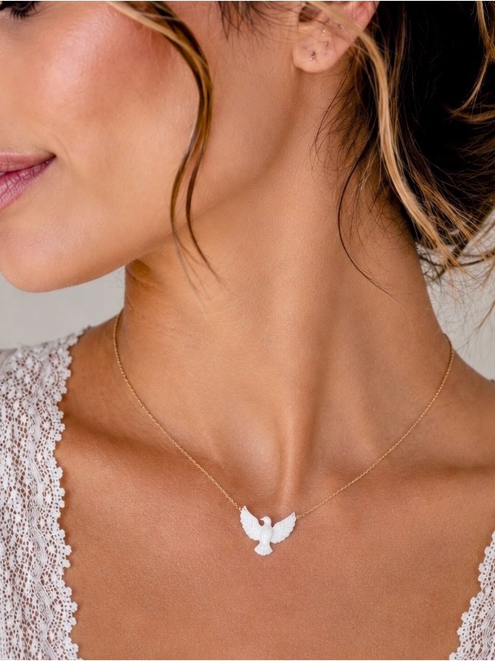 14k Gold filled Chain Necklace with White Mop Dove Pendant - Women Jewelry